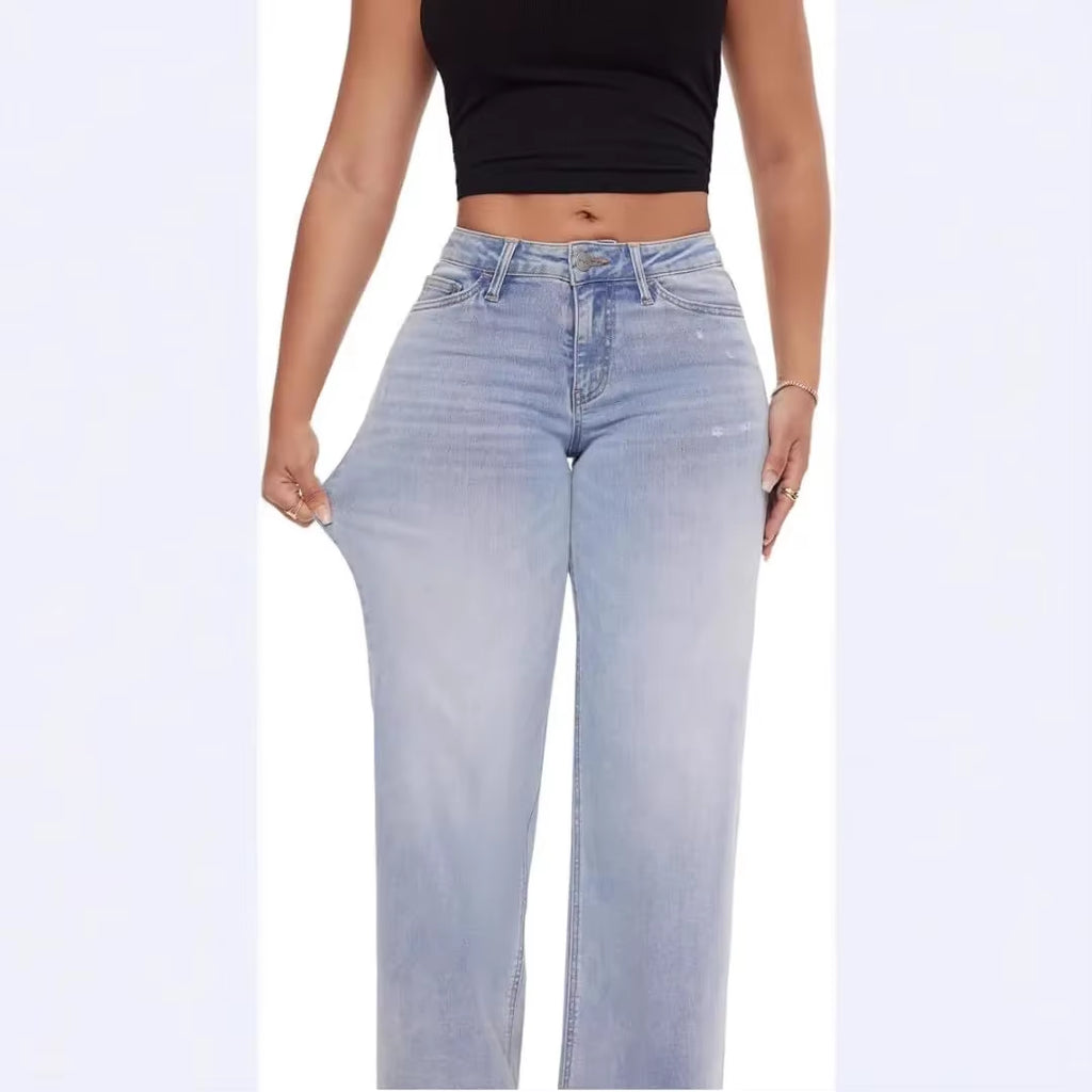 Women'S Loose Wide Leg Elastic Jeans Mid Waist Butt Lifting Straight Loose Denim Pants New 2025 Cross-Border Slim Fit