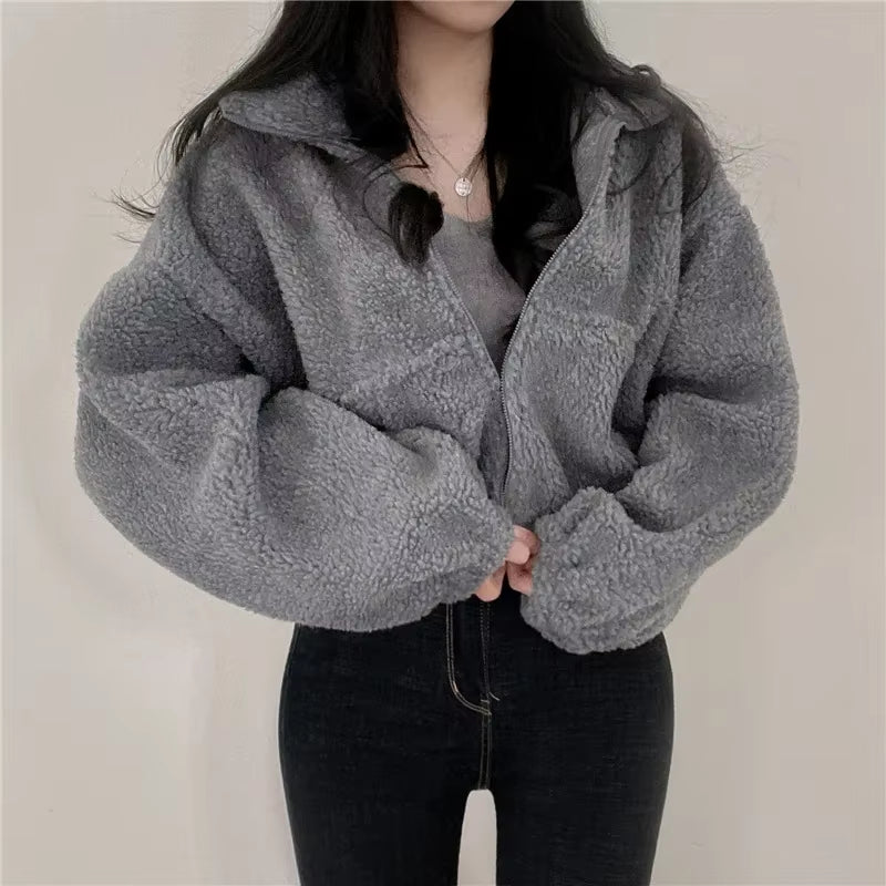 Women'S Winter Autumn Fleece-Lined Thickened Stand Collar Short Sweatshirt Loose-Fit Idle Style Cardigan Zip-Up Jacket