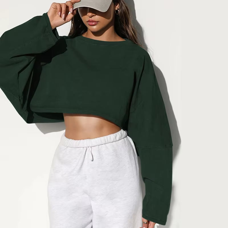 2025 Streetwear Cropped Hoodies Women Harajuku round Neck Long Sleeve Oversized Sweatshirt Woman Spring Autumn Loose Pullover