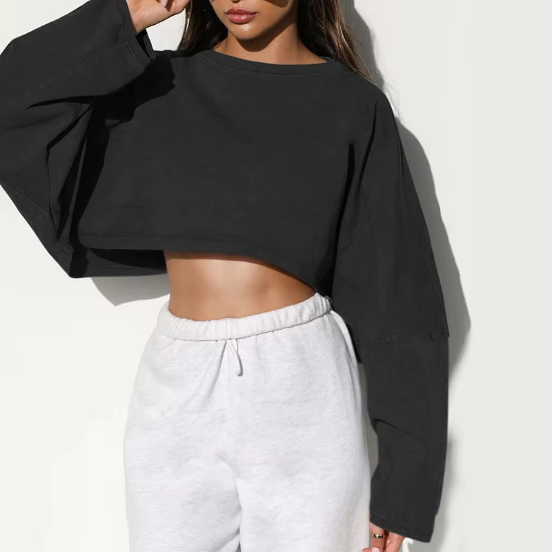 2025 Streetwear Cropped Hoodies Women Harajuku round Neck Long Sleeve Oversized Sweatshirt Woman Spring Autumn Loose Pullover