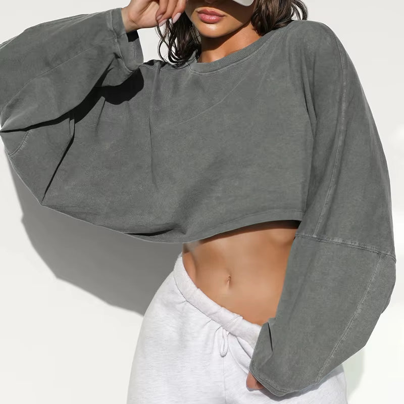 2025 Streetwear Cropped Hoodies Women Harajuku round Neck Long Sleeve Oversized Sweatshirt Woman Spring Autumn Loose Pullover